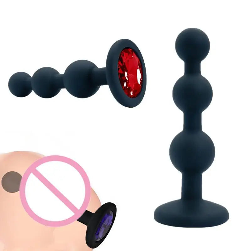 3-Ball Black Silicone Anal Plug with Crystal Base
