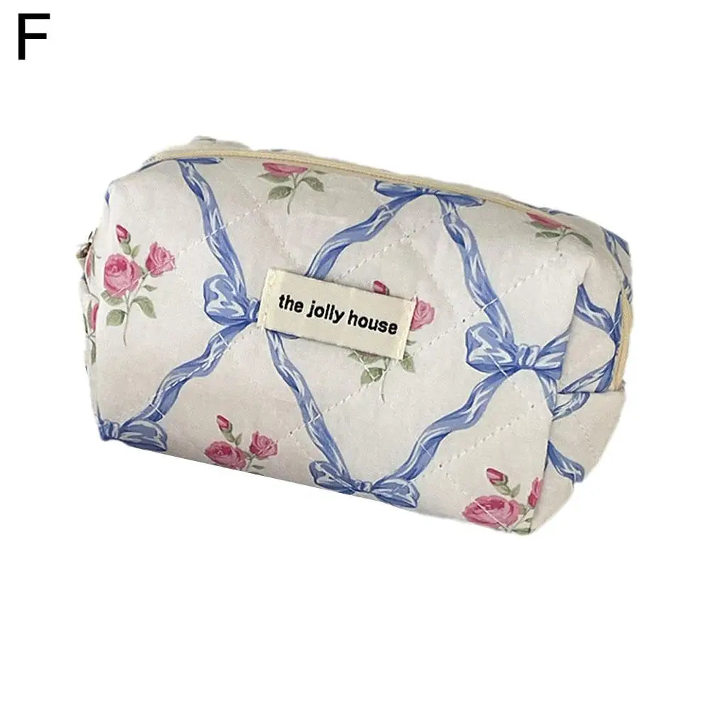 Quilted Bow Floral Makeup Bag