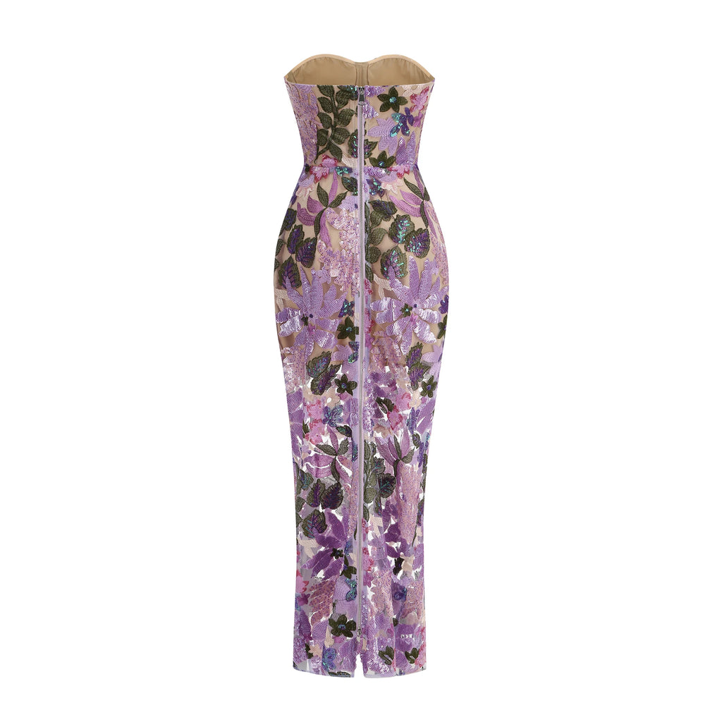 New Sexy Embroidered Bead Flower Strapless Backless Party Dress, Women's Slim Fit Waist Wearing Fishbone Party Dress Long
