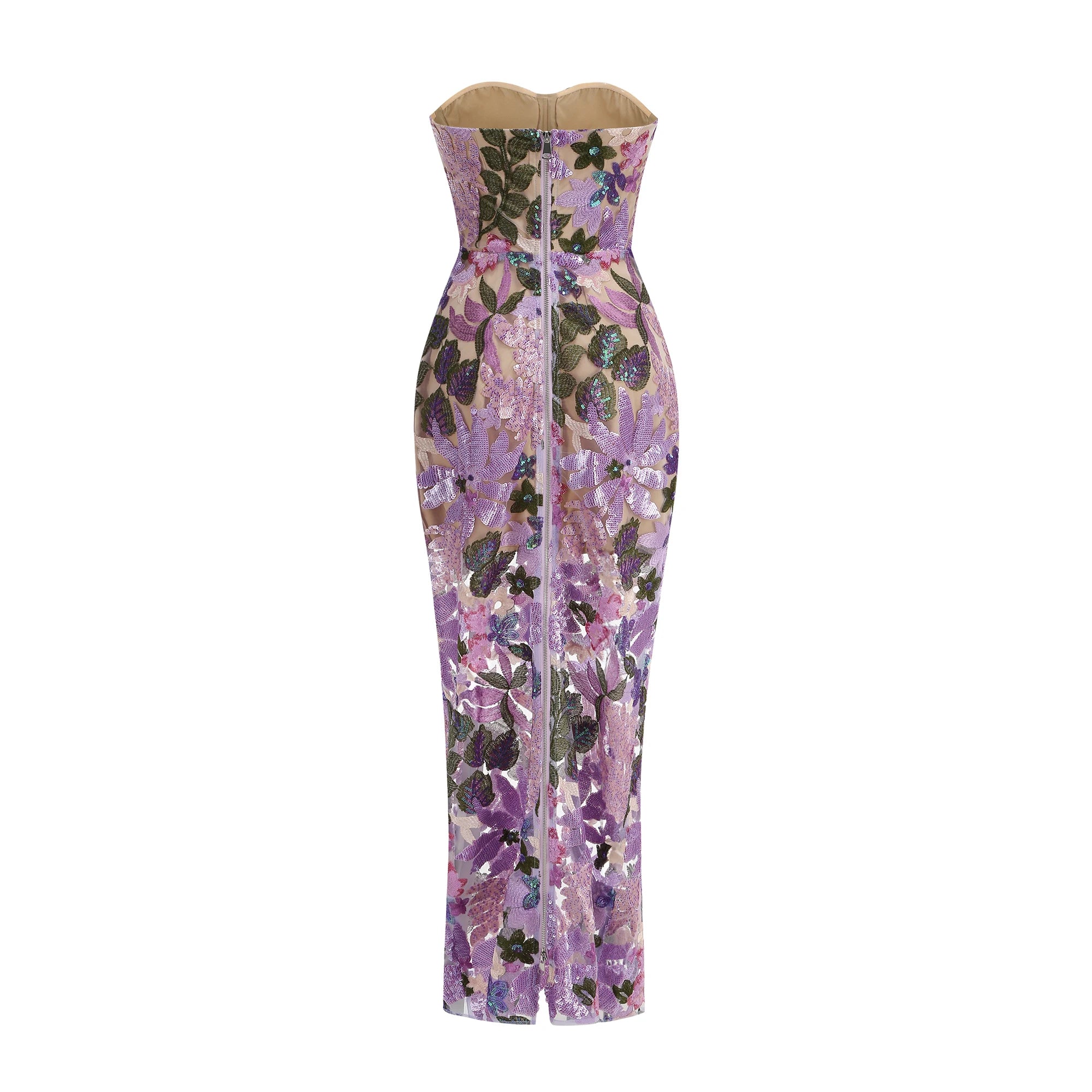 New Sexy Embroidered Bead Flower Strapless Backless Party Dress, Women's Slim Fit Waist Wearing Fishbone Party Dress Long