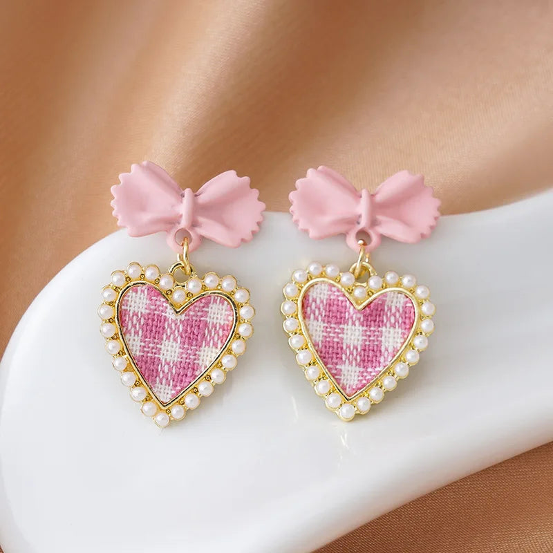 Pink Bow & Plaid Heart Drop Earrings