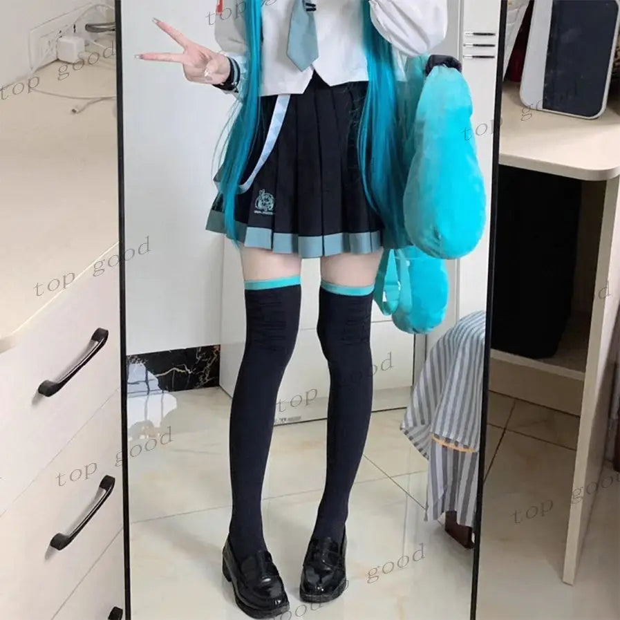 Comic Women Miku Cosplay stocking Anime Character Miku coser Uniform black stocking with blue edge socks costumes