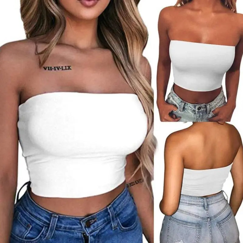 Womens Sexy Strapless Off Shoulder Crop Tube Top Color Stretchy Bandeau