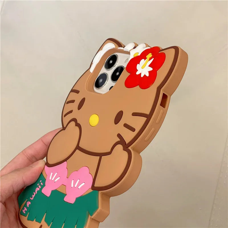 Kawaii Hello Kitty Phone Case For iPhone 17 16 15 14 13 12 11 Pro Max Plus 17 Pro Hula Skirt Kitty Silicone Cover with Lanyard