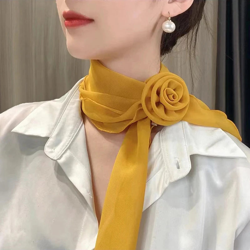 Women's Rose Print Silk Scarf & Ribbon Tie