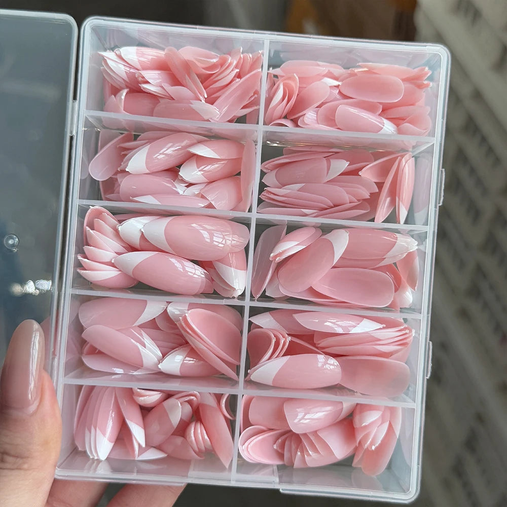 360/240/120pcs Light Pink Almond Press On Nails Glossy White French Fake Nail Simple Full Cover Fake Nails Soft Gel Nail Tips*%&