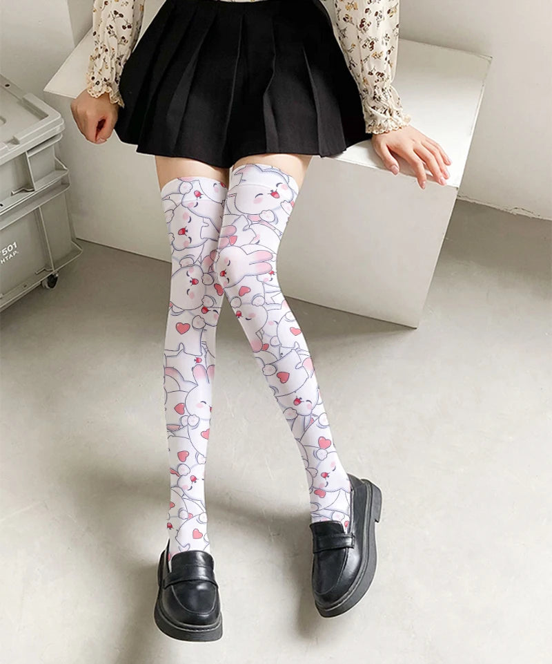 Japanese anime stockings new design cartoon rabbit print pink white over-the-knee socks cute sweet girl Lolita Harajuku stocking