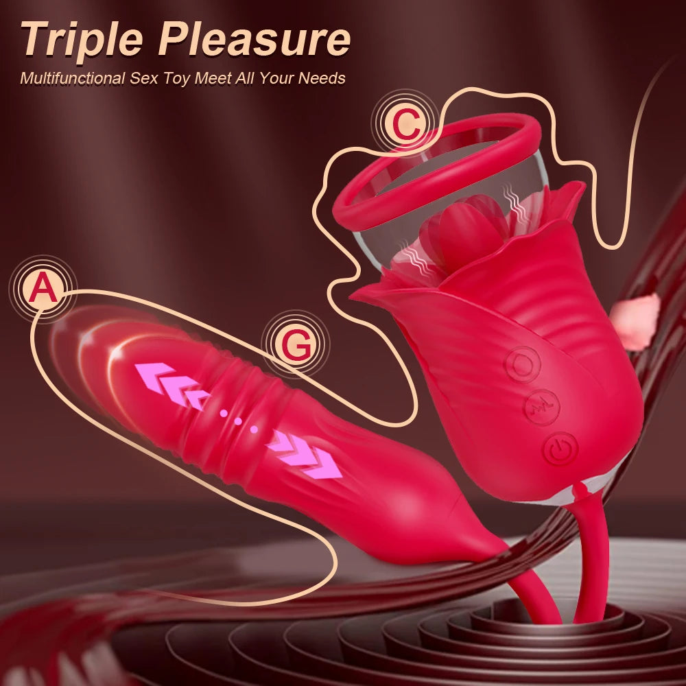 Rose 2 in 1 with Tongue Licking Thrusting Vibrator Sex Toys Dildo for Women Nipple Sucker Stimulator Vacuum Orgasm Female Adult