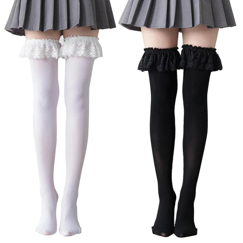 Women Thigh High Socks Lace Patchwork Over Knee Stockings 15UB