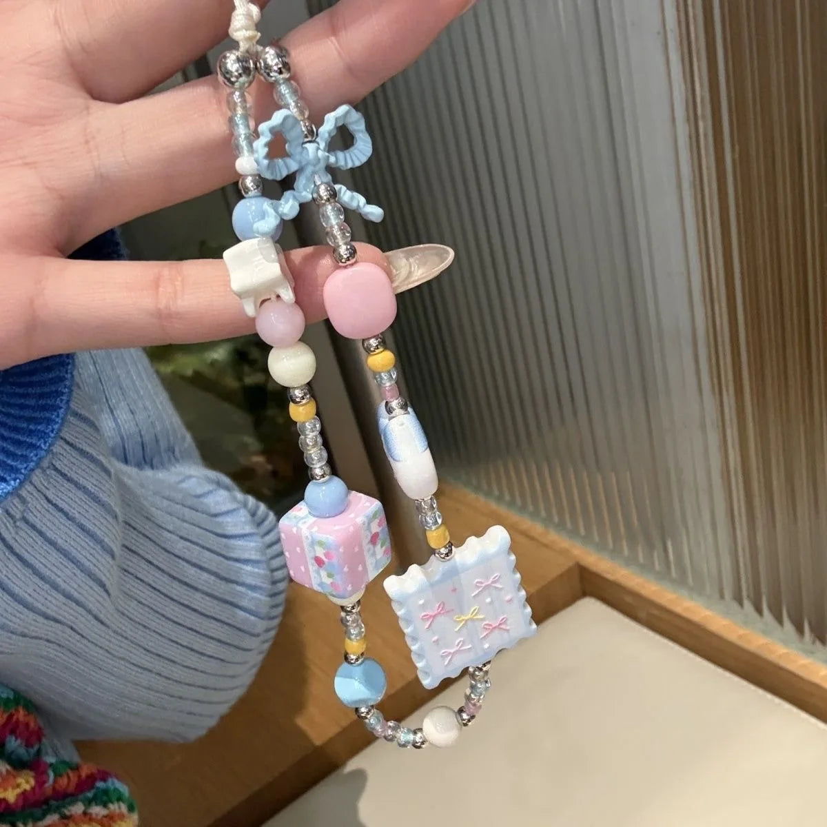 Hachiware Blue Cat Beaded Phone Charm