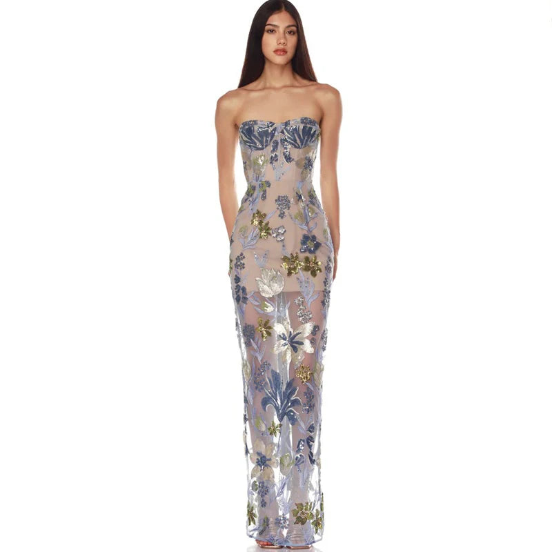 New Sexy Embroidered Bead Flower Strapless Backless Party Dress, Women's Slim Fit Waist Wearing Fishbone Party Dress Long