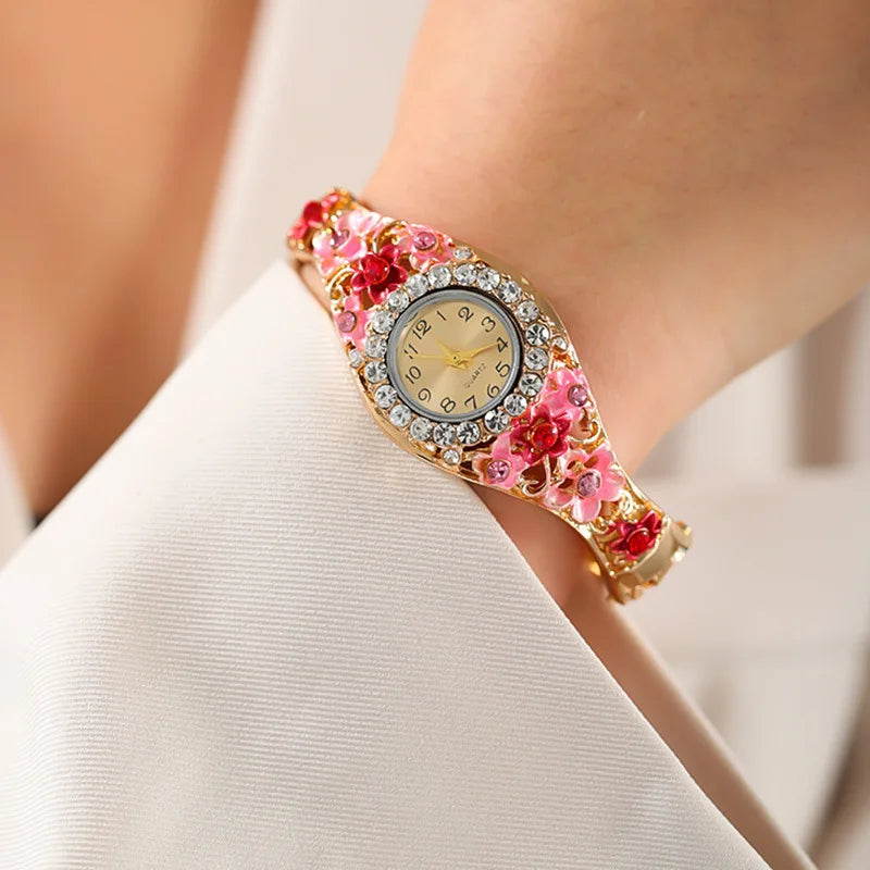 Women's Watches Stainless Steel Rhinestone Quartz Watch Women Fashion Flower Vintage Bangle Elegant Wristwatch Zegarek Damski