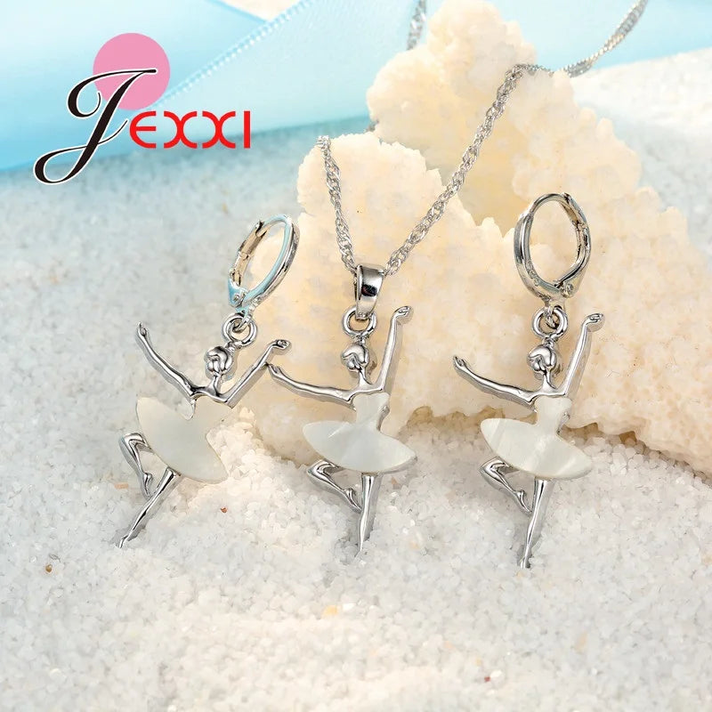 White Dancing Ballet Girls Jewelry Set Genuine 925 Sterling Silver Pendant Necklace/Earring Sets for Women Wedding Gifts