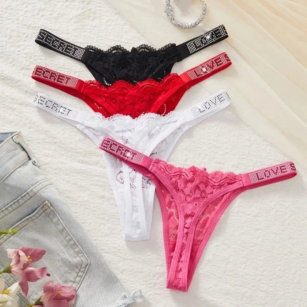 Lingerie Crystal Lace Flower Panties Cotton Crotch Low-waist Seamless Thong Embroidery Underpants Bikini Underwear Women Gifts