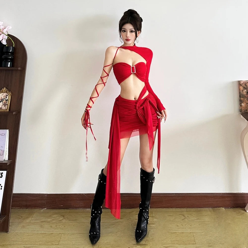 SylCue Sexy Fashion 3 Piece Set Woman Irregular Shirring Full Sleeve Shawl+Strapless Tops+Kink Design Skirts Wild Style Suits