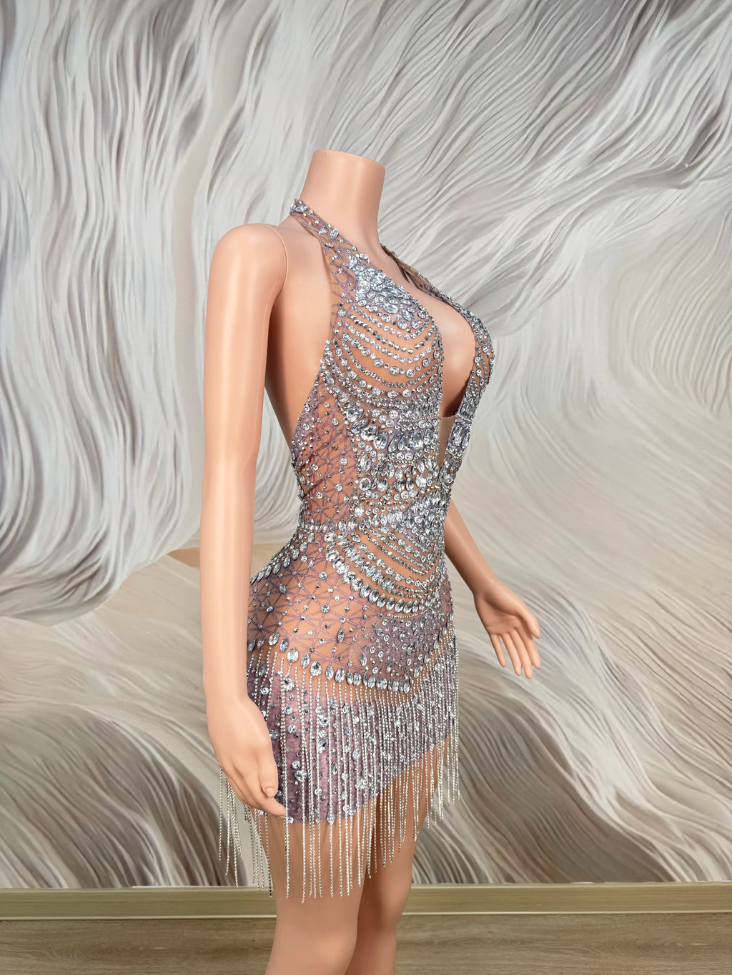 Sparkly Rhinestones Sexy Backless Mesh See Through Mini Dress Women Luxury Birthday Evening Party Dresses Nightclub Stage Outfit