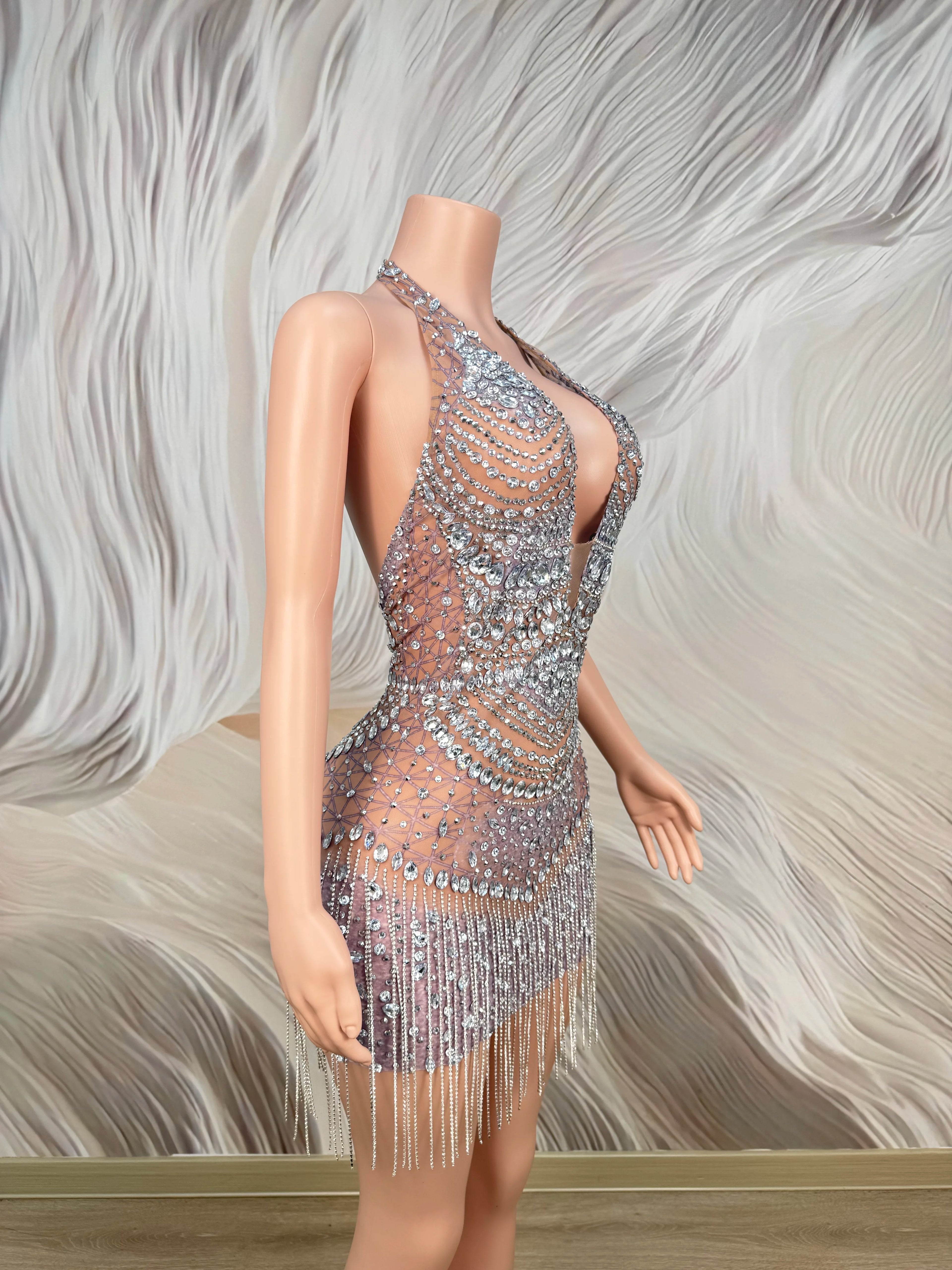 Sparkly Rhinestones Sexy Backless Mesh See Through Mini Dress Women Luxury Birthday Evening Party Dresses Nightclub Stage Outfit