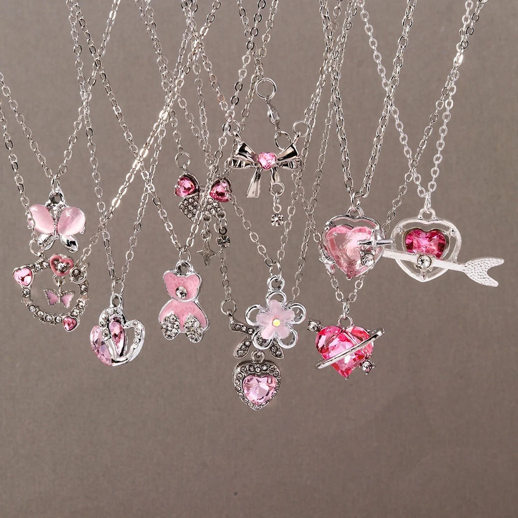 Pink Zircon Heart & Bow Pendant Necklace