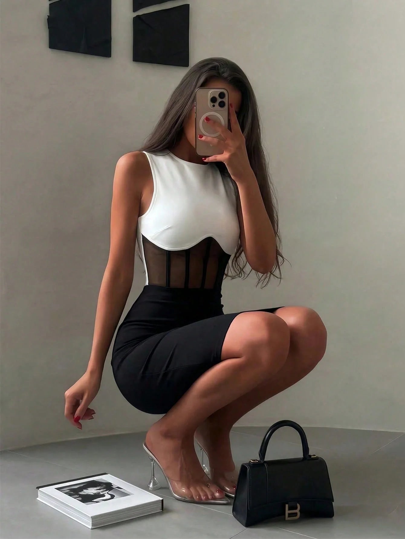 Sexy Summer Contrast Color Mesh See Through Zipper Bodycon Bandage Dress Sexy Elegant White and Black Short Night Out Evening