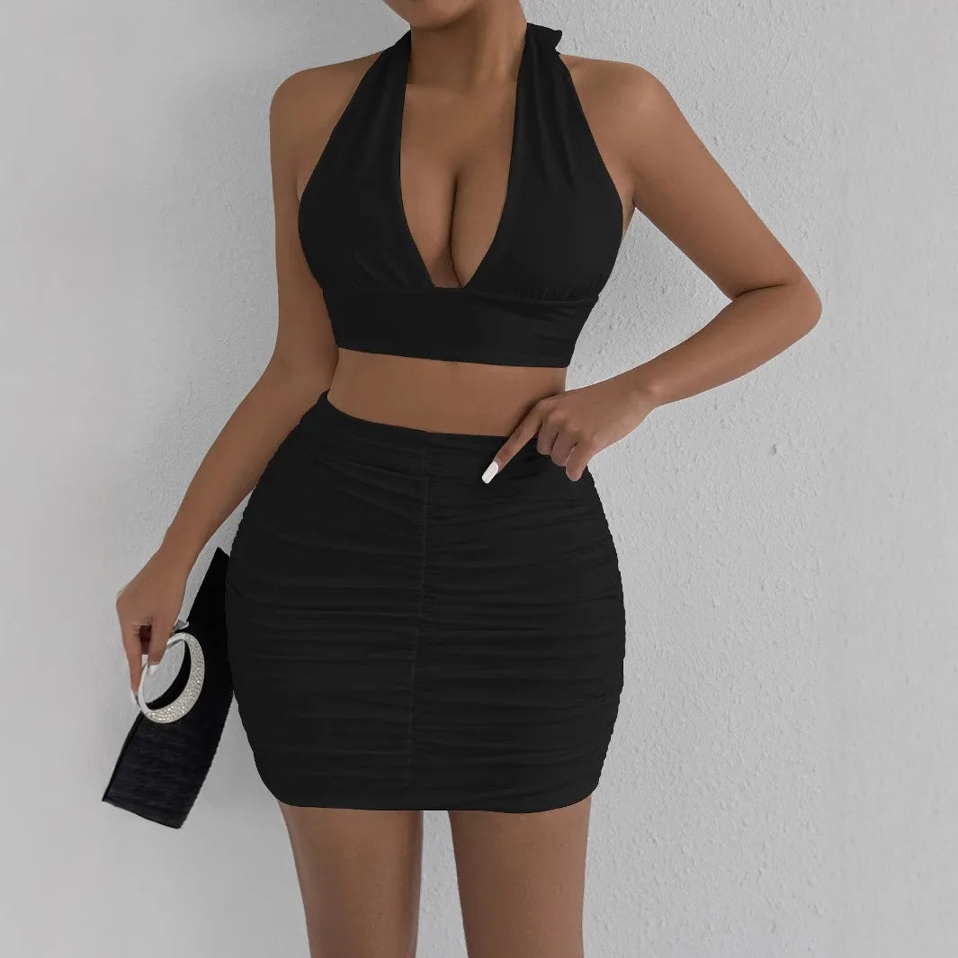 Sexy 2 PCS Ruffle Mini Dress Set Halter Black Deep V Neck Top Skirts Suits Bodycon Summer Women Party Tight Short Dress Suit