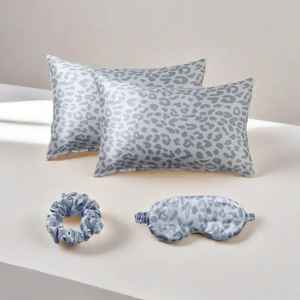 4-Piece Leopard Satin Pillowcase, Eye Mask & Scrunchie Set
