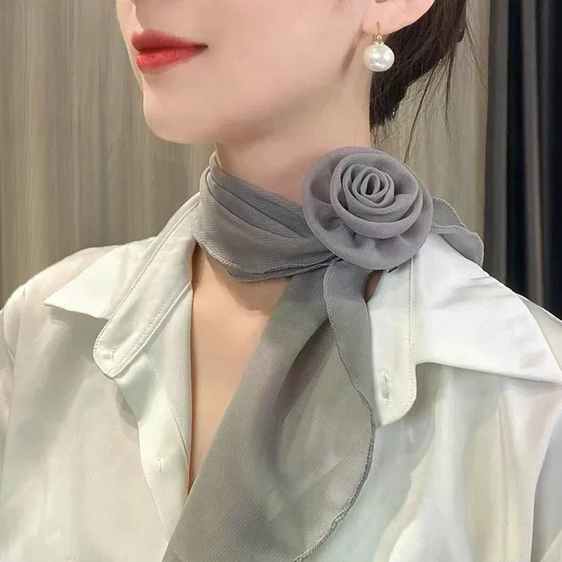 Fashion Rose Flower Silk Scarf Versatile Soft Neckerchief For Women Girls Temperament Long Ribbon Tie Scarf Office Clothes Gifts