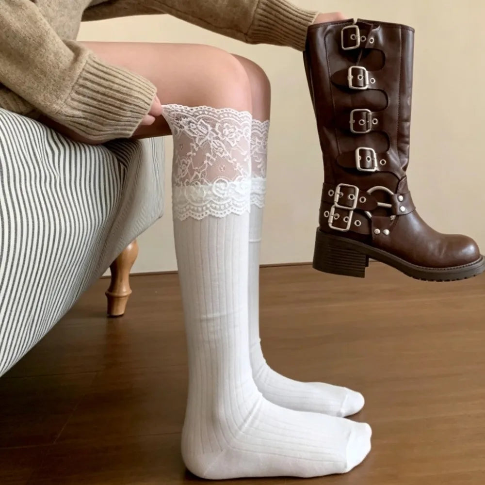 Warm Lace Design Thigh High Socks Knee High Pairs Lace Socks Warm Material Black White Lolita Stockings for Girls