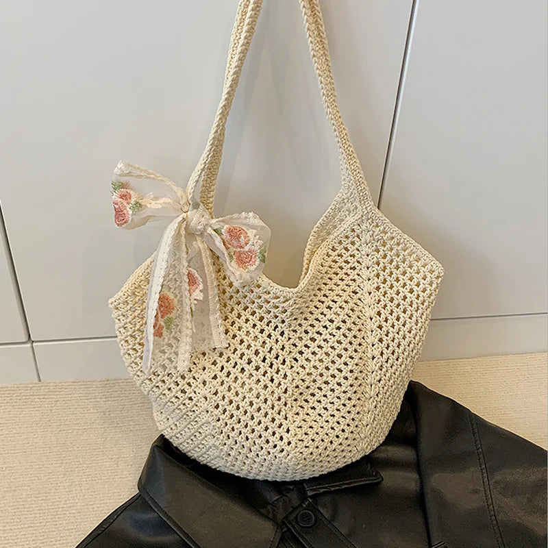 Woven Lace Bow Raffia Tote Bag