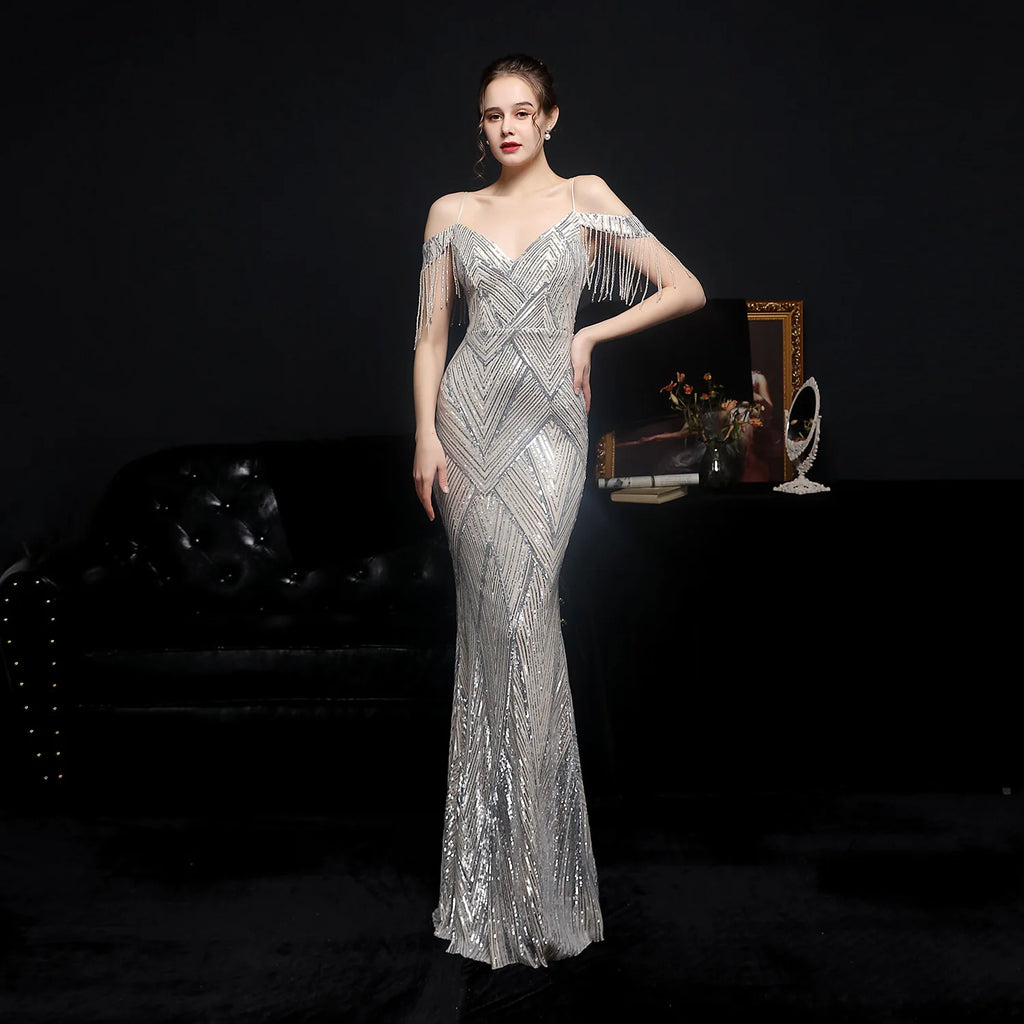 Women Elegant Off Shoulder Luxury Evening Dress Sexy  Sequin Mermaid Dress Spaghetti Straps Silver Beading Long Party Dress New