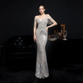 Women Elegant Off Shoulder Luxury Evening Dress Sexy  Sequin Mermaid Dress Spaghetti Straps Silver Beading Long Party Dress New