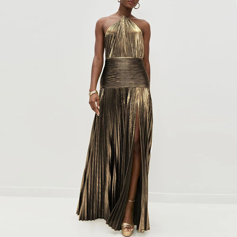 Gold Sexy Halter High Split Gowns Evening Dress Woman Chic Solid Hollow Pleated Long Dress Spring Summer Backless Zip Maxi Dress