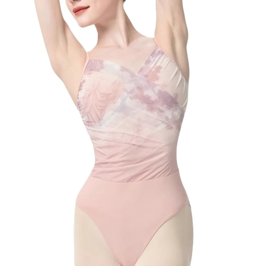 Chinese Style Elegant Lyrical Ballet Gymnastics Leotard Women Dance Leotard Pleated V-Neck Bodysuit Dancewear Clothing Adult
