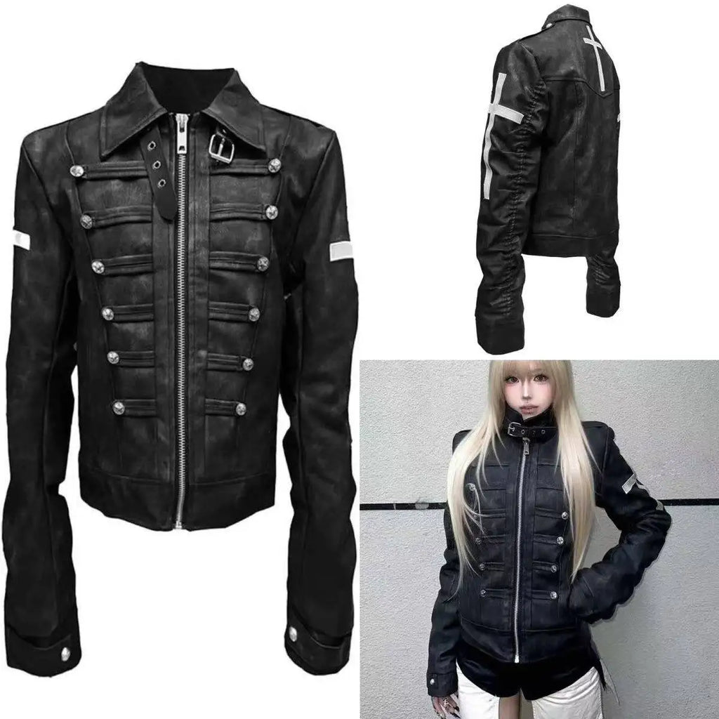 Vintage Harajuku Korean Gothic Womens Hooded Black Jacket Loose Fur Collar Coat Subcultural Youth Casual Street Daily Outfit