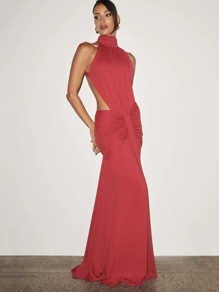 Sibybo Sexy Backless Bodycon Elegant Maxi Dress Women Fashion Sleeveless Half High Collar Draped Ruched Evening Party Dresses
