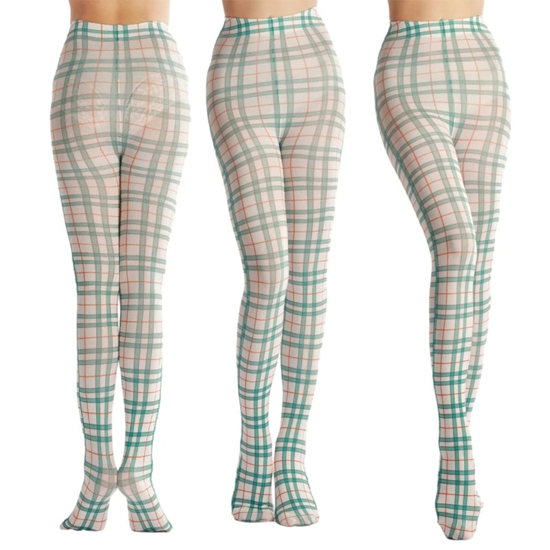 Womens Sexy Thigh High Tights Stockings Plaids Printed Pantyhose Stockings Leggings Socks Long Body Thigh High Stockings