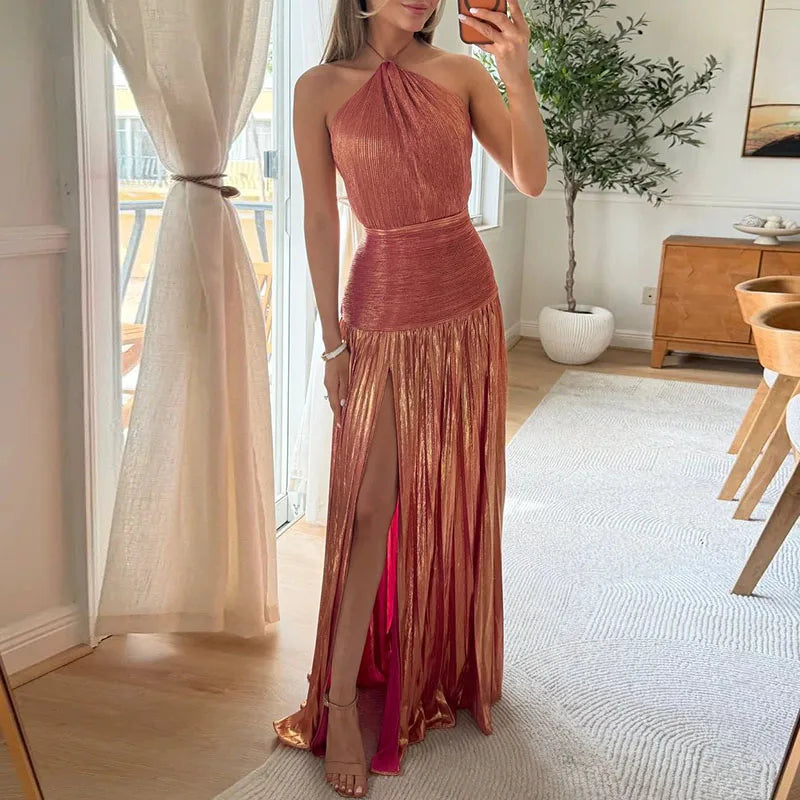 Gold Sexy Halter High Split Gowns Evening Dress Woman Chic Solid Hollow Pleated Long Dress Spring Summer Backless Zip Maxi Dress