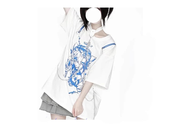 New Off-the-shoulder Subculture Cotton Tee Japanese Punk Gothic Print Dark Loose T-shirt Short/Long Sleeves Y2K Girls Cool Tops