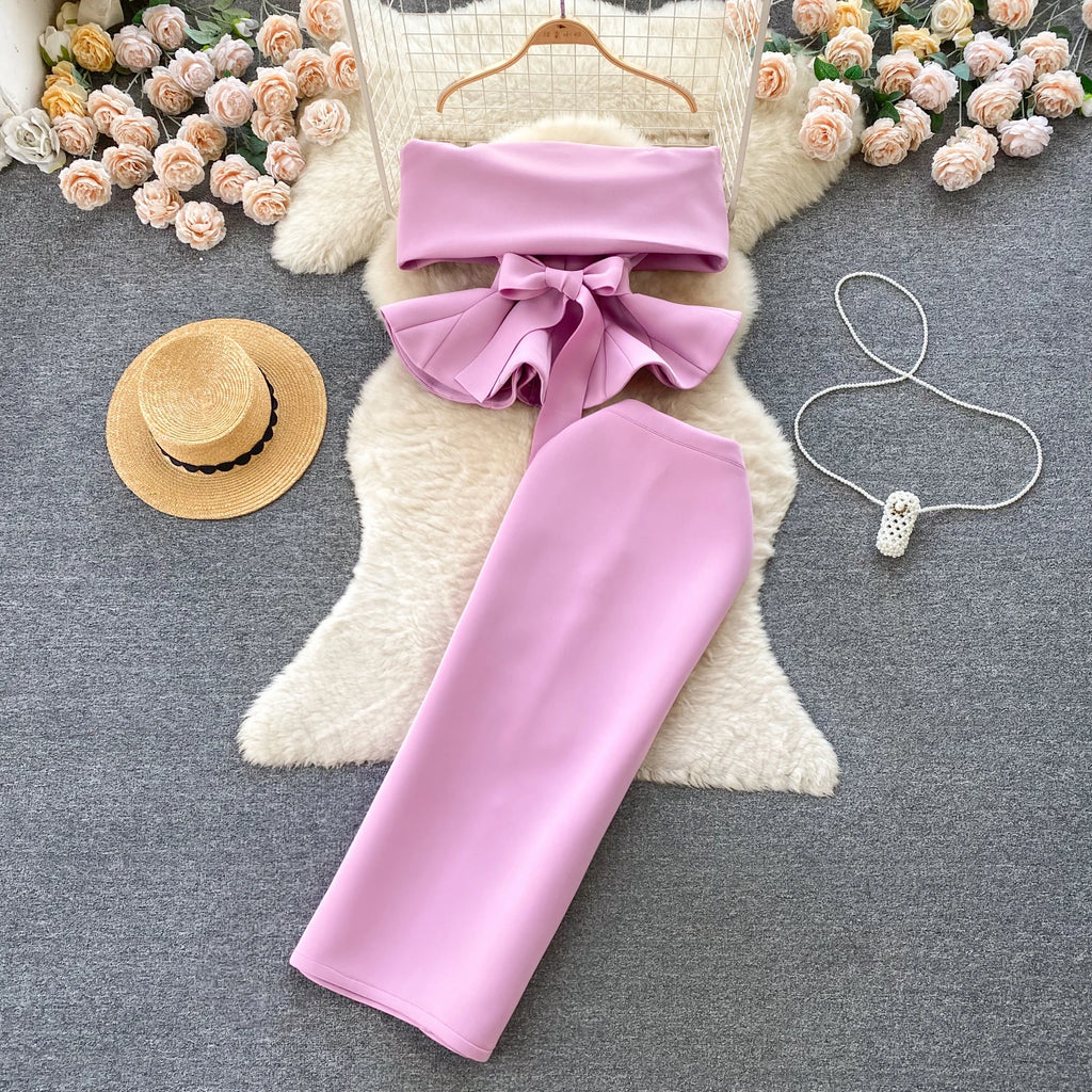 Sexy One-oulder Belted Waist Gown Set with Pleated Skirt Two-Piece Ensemble Versatile Courtly Sle for Young Adults
