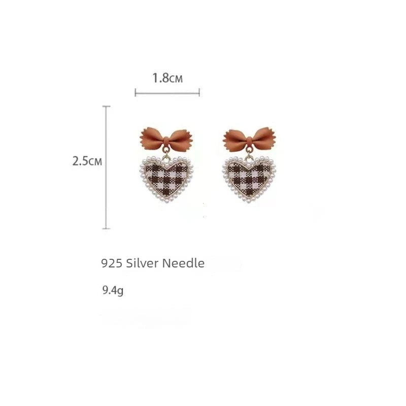 Pink Bow & Plaid Heart Drop Earrings