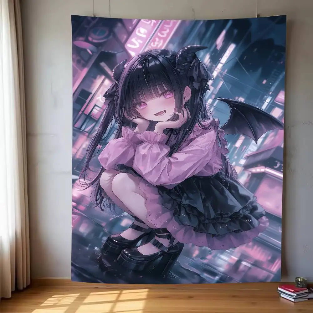 Pink Kawaii Anime Girl Wall Tapestry