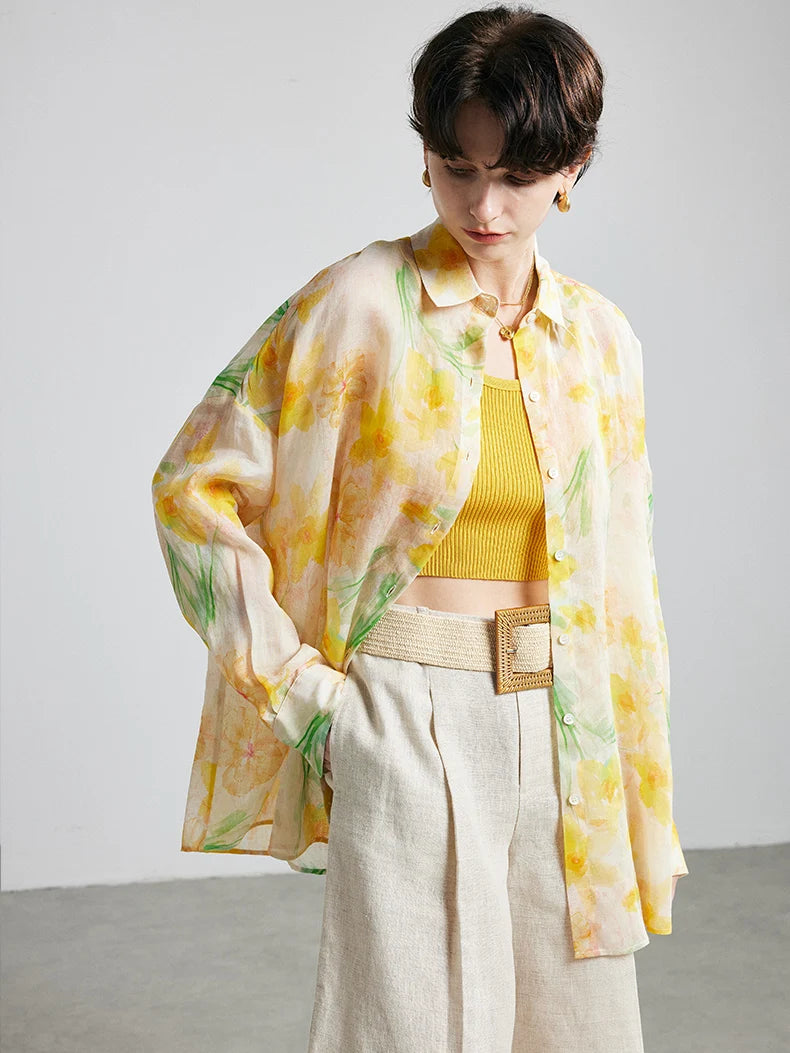 Women's Ramie Printed Turn-Down Collar Shirt