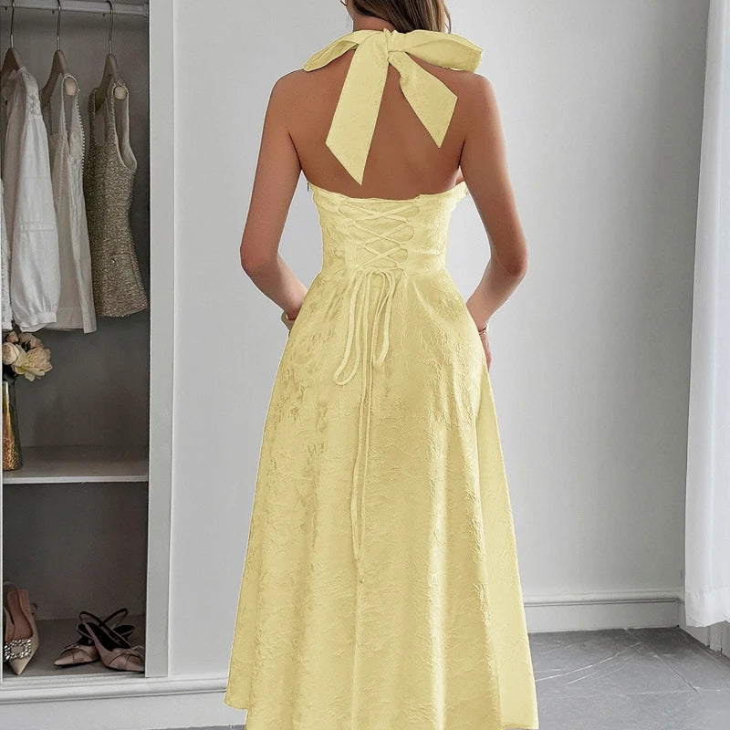 Sexy Bow Backless Women's Summer Long Dress Elegant Jacquard Waist Wrap Halter V-Neck Sleeveless Evening Party Maxi Dresses
