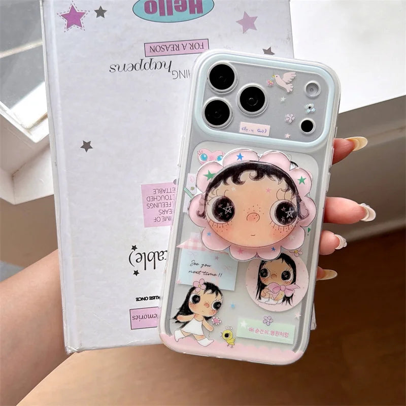 Kawaii Cartoon Girl Print For MagSafe Phone Case For iPhone 15 16 17 Pro Max With Flower Stand Shockproof Cover fashion phone ca