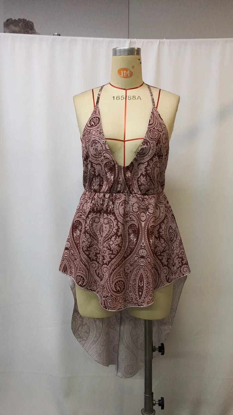 Sexy  Print V Neck Halter Top, High Low Hem Flowy Cami Blouse for Party Beach Vacation Night Out Club Casual Daily Wear