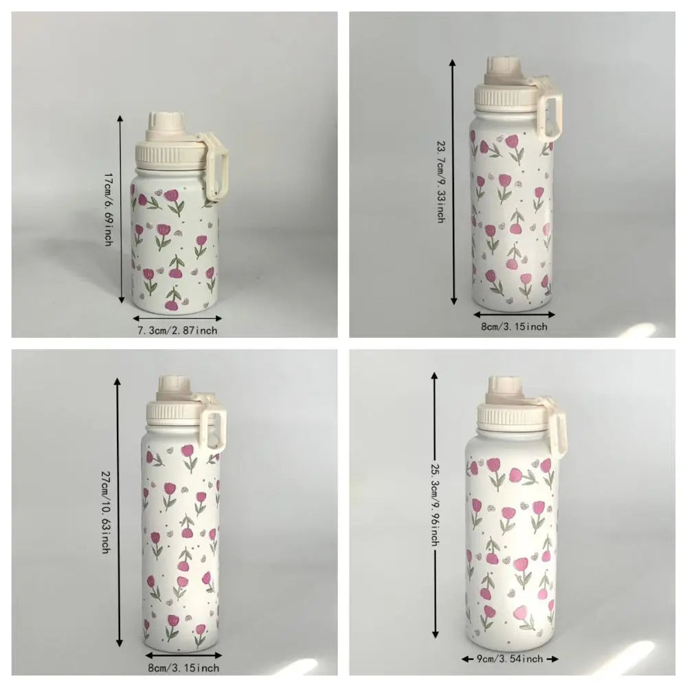 Tulip Pattern Insulated Water Bottle Vacuum Sealed Durable Tumbler Water Cup Eco-Friendly with Handle