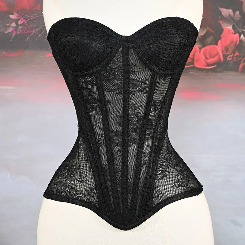 XXS Luxury Victorian Elegant Black Sexy Mesh Corset Tight Extreme Bustier Top With Cup Steel Bone Waist Cincher Sculpting Curve