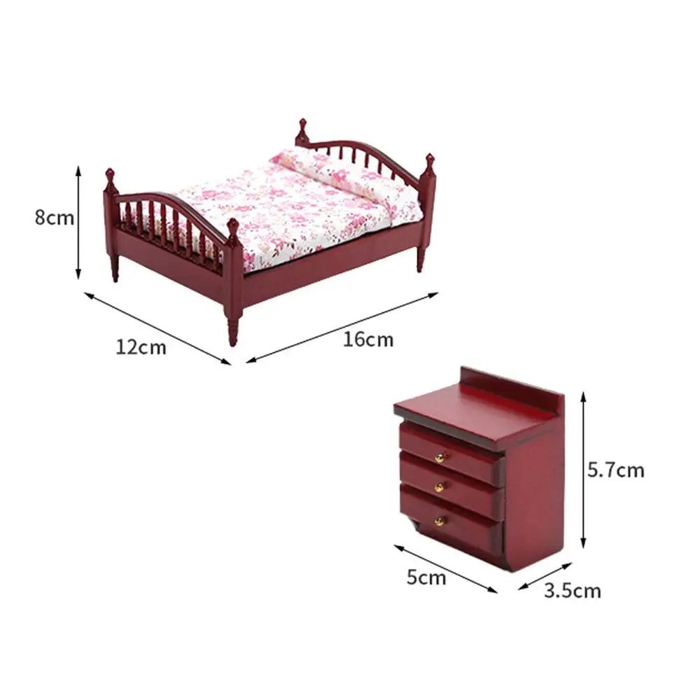 Miniature Dollhouse Bed & Bedside Table Set