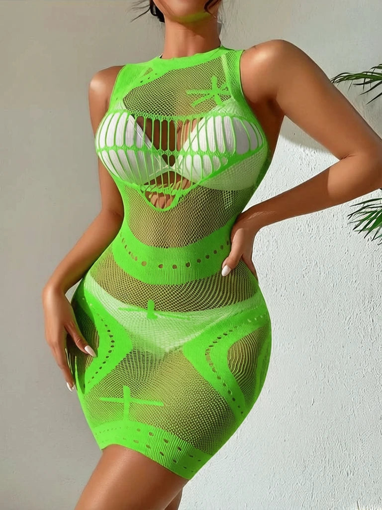 Sexy Lingerie Babydolls Bodycon Dress Fishnet Clubwear Perspective Halter See Through Women's Lingerie Body Stocking Nightdress