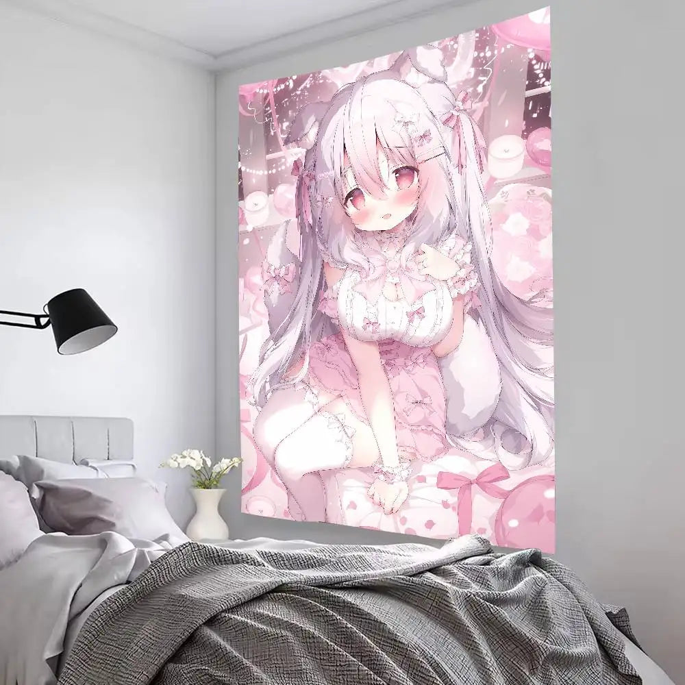 Pink Kawaii Anime Girl Wall Tapestry