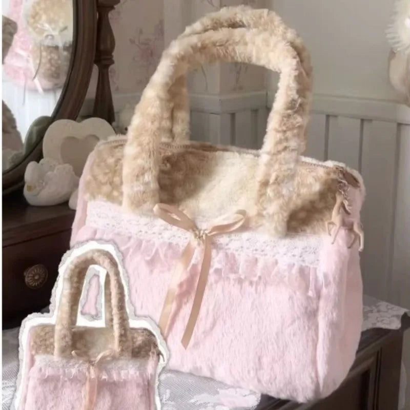 Plush Bow Lace Tote Bag